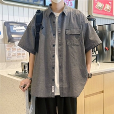 ER2351-P35夏日复古细格纹工装短袖衬衫男女新款ns潮牌衬衣外套，男装衬衫，电商C233