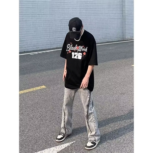 3080-P52 解构黑色弯刀牛仔裤男女潮流阔腿宽松风哈伦微喇裤子图片