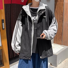 双层假两件拼接连帽外套男ins港风炸街痞帅宽松工装夹克W4537-P58，男装夹克，星座412-3