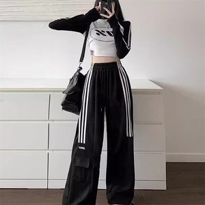 美式复古高街条纹运动裤女春秋新款高腰显瘦宽松直筒阔腿休闲长裤图片