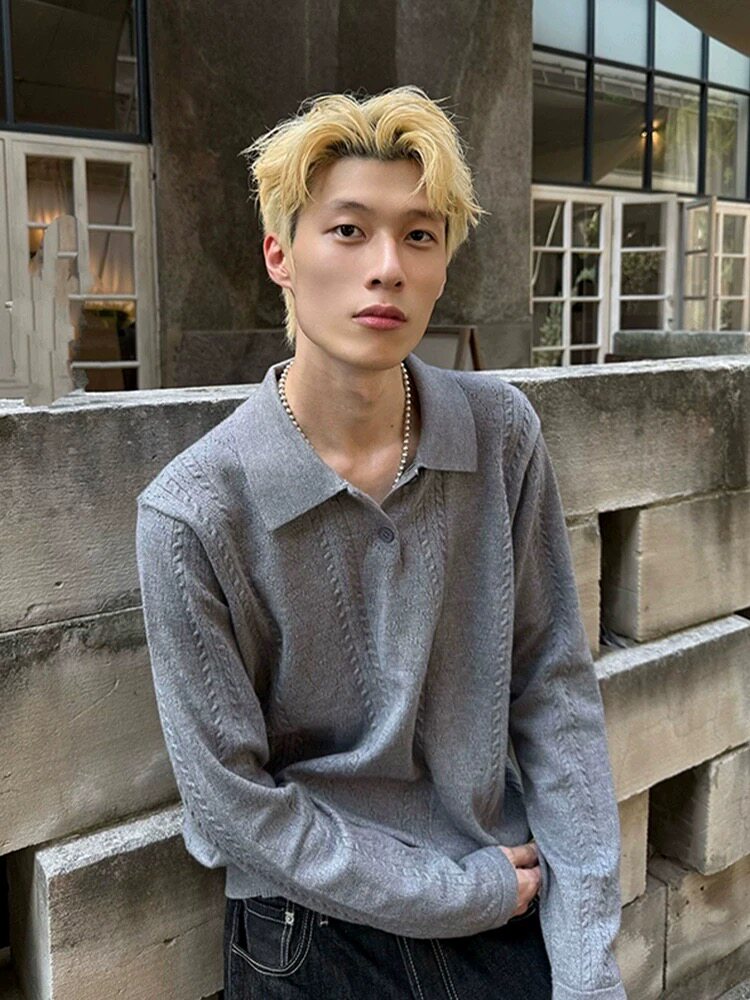 到货灰色老钱风polo针织衫cleanfit秋穿搭麦穗纹长袖t恤ZZS10P60,男装针织衫/毛衣,电商D256