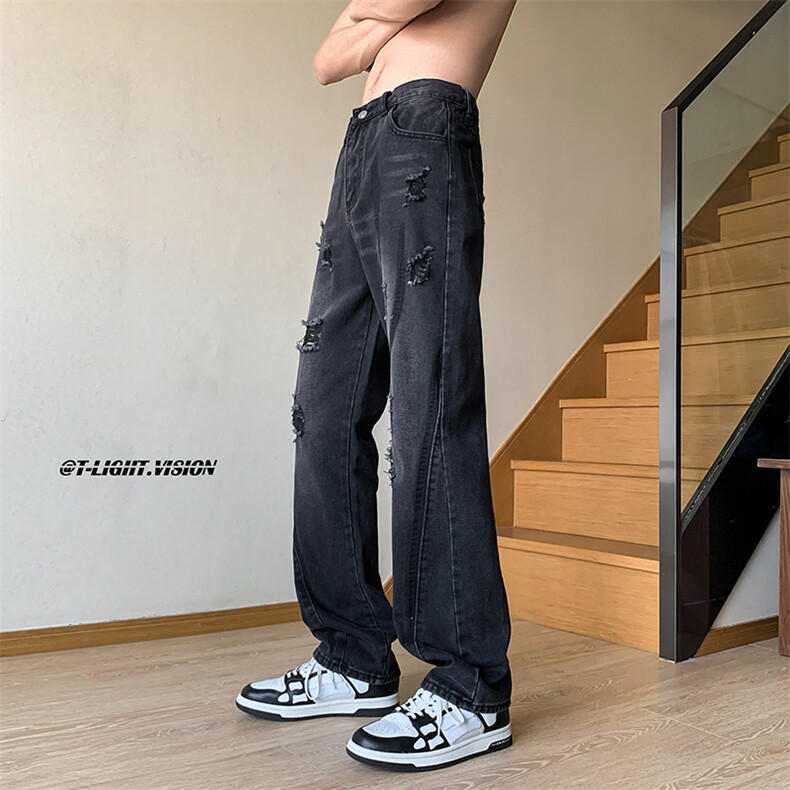 B221 美式ins高街小众情侣款破洞微喇牛仔裤 LK23001-P65 控88图片