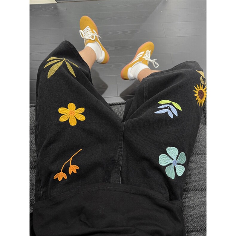 B221美式ins高街宽松花朵刺绣七分牛仔裤短裤LK25536-特P45控78,男装牛仔裤,电商B221