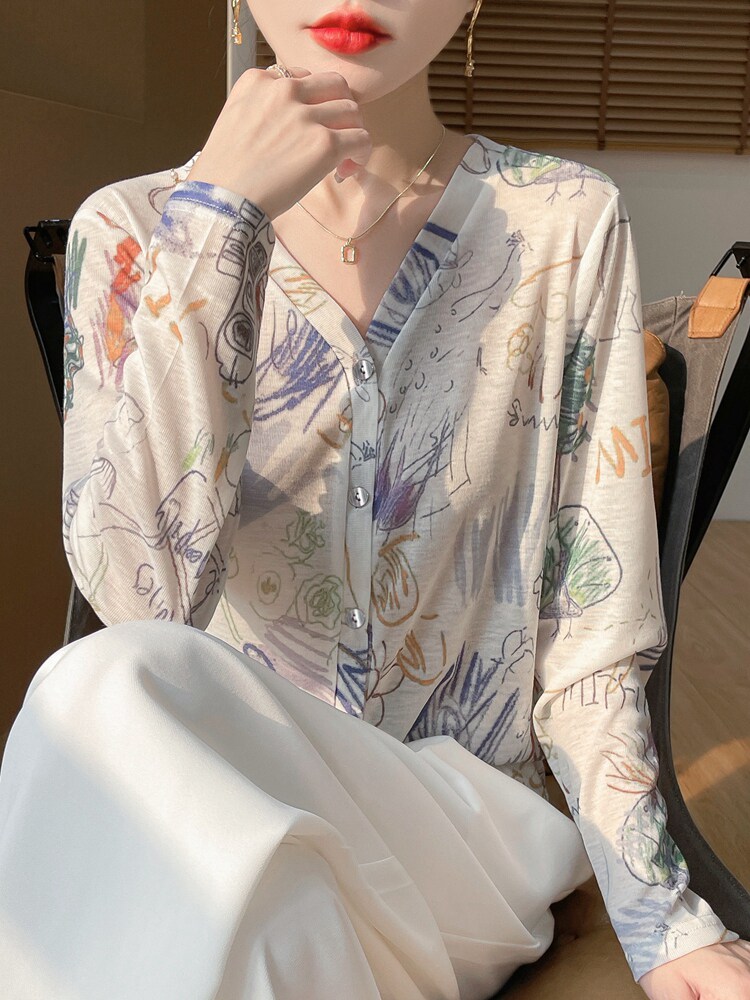 v领新款针织女长袖花色简约百搭宽松开衫上衣,针织衫/毛衣,绒宛羊绒