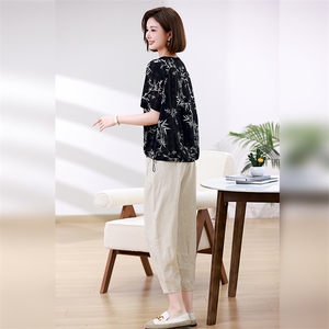 优雅印花宽松两件套女夏装新款时尚休闲裤套装图片