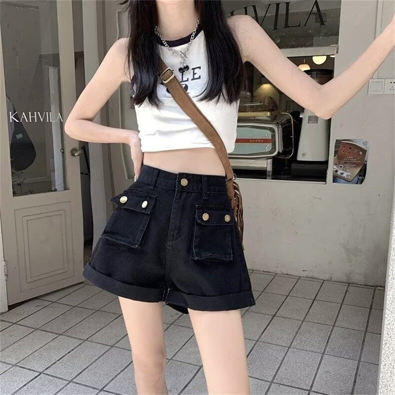 韩版复古百搭高腰阔腿牛仔短裤女2025春夏季工装口袋宽松显瘦短裤，女装牛仔裤，星座506A