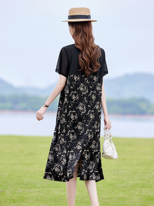 复古印花拼接连衣裙女2025夏新款时尚显瘦宽松休闲慵懒风T恤裙子图片