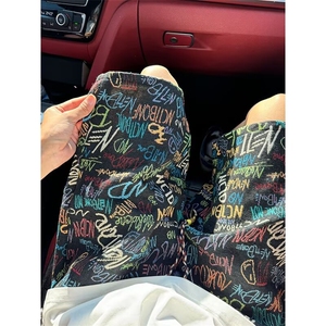 美式字母涂鸦短裤男款夏潮牌休闲运动裤痞帅五分裤子男K6558-P34，男装牛仔裤，星座412-2