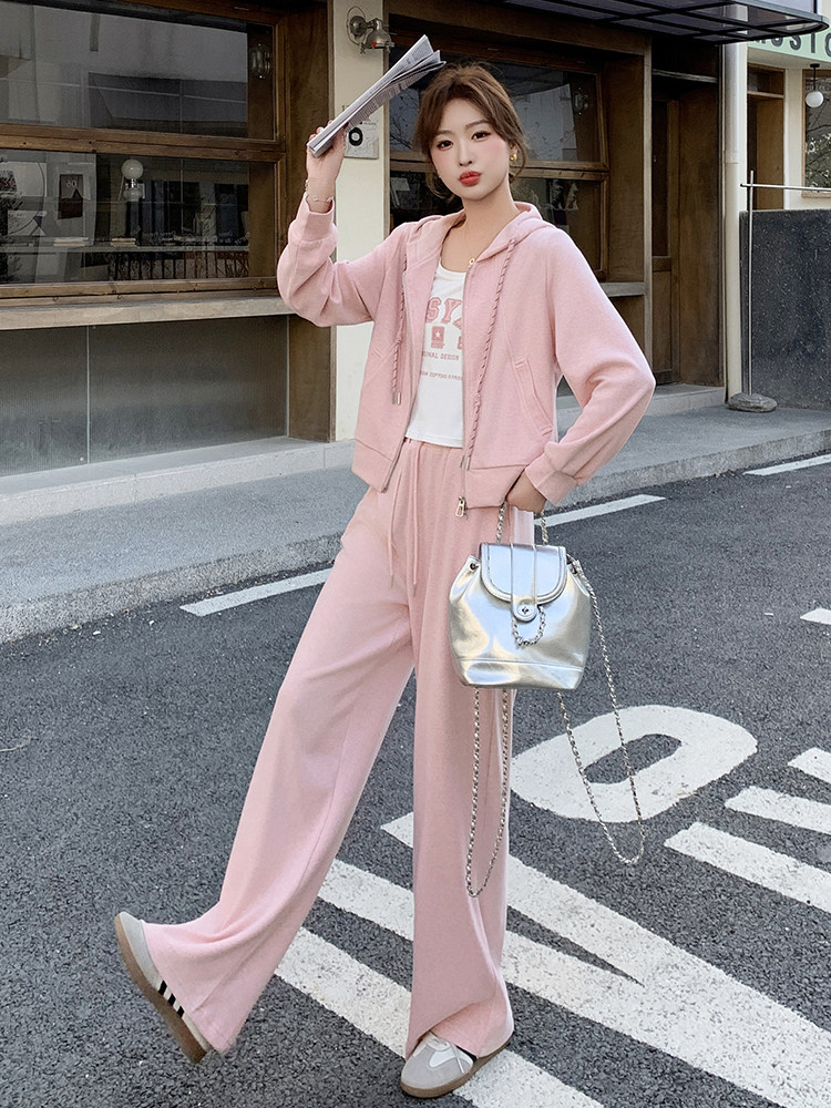 粉色慵懒风连帽休闲卫衣套装女春季2025年新款减龄阔腿长裤两件套,女装套装/套裙,蝶眷