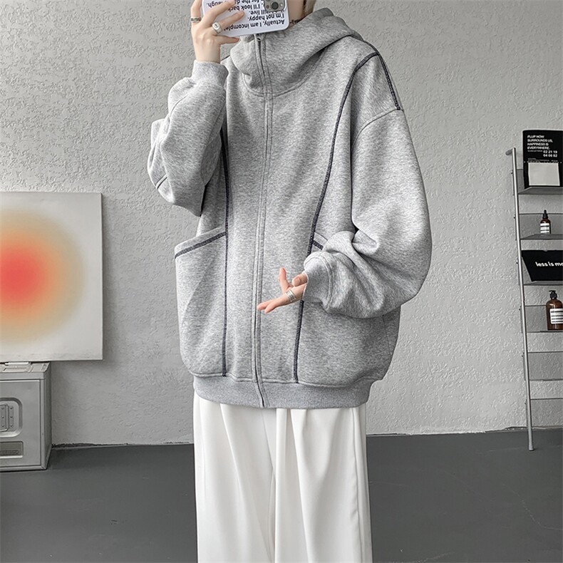 美式重磅立体硬挺卫衣男春秋潮牌设计感连帽开衫廓形外套KS004P68图片