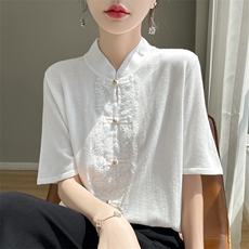 蕾丝拼接显瘦盘扣纯色短袖立领2024年夏季针织衫，女装针织衫/毛衣，暖圣羊羊绒