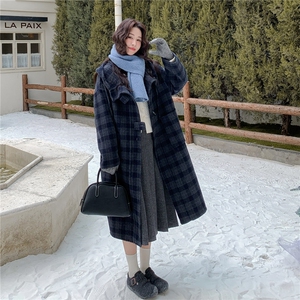 深蓝色复古格纹双面呢连帽大衣女2025冬学院风宽松休闲中长款外套图片