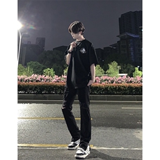 B221美式ins高街暗黑拉链小脚弹力破洞牛仔裤LK23060-P65控88，男装牛仔裤，电商B221