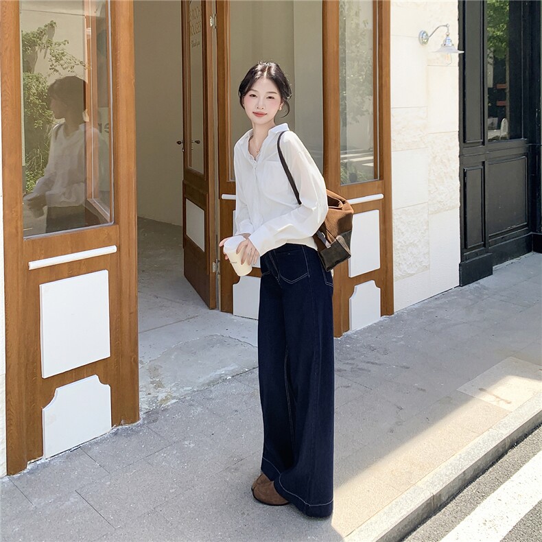 白色蕾丝拼接V领长袖衬衫套装女2025秋气质显瘦牛仔阔腿裤两件套,女装套装/套裙,2D078