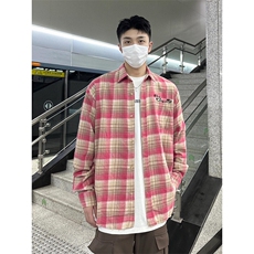粉红色格子控衬衫男生美式复古痞帅高级感格纹衬衣长袖C268，男装衬衫，星座1116A（原606A-3）