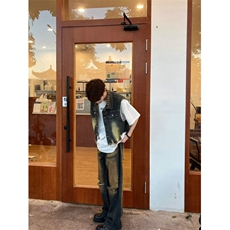 短款牛仔马甲外套男高级感破洞美式复古无袖叠穿工装背心水洗做旧，男装背心/马甲，星座603-2
