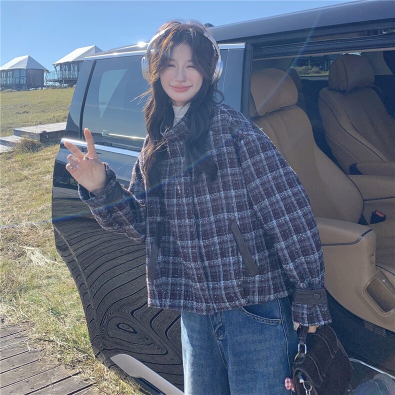 美式复古格纹毛呢外套女2025年秋冬超火好看高级小众加厚夹克上衣,女装短外套,2B237