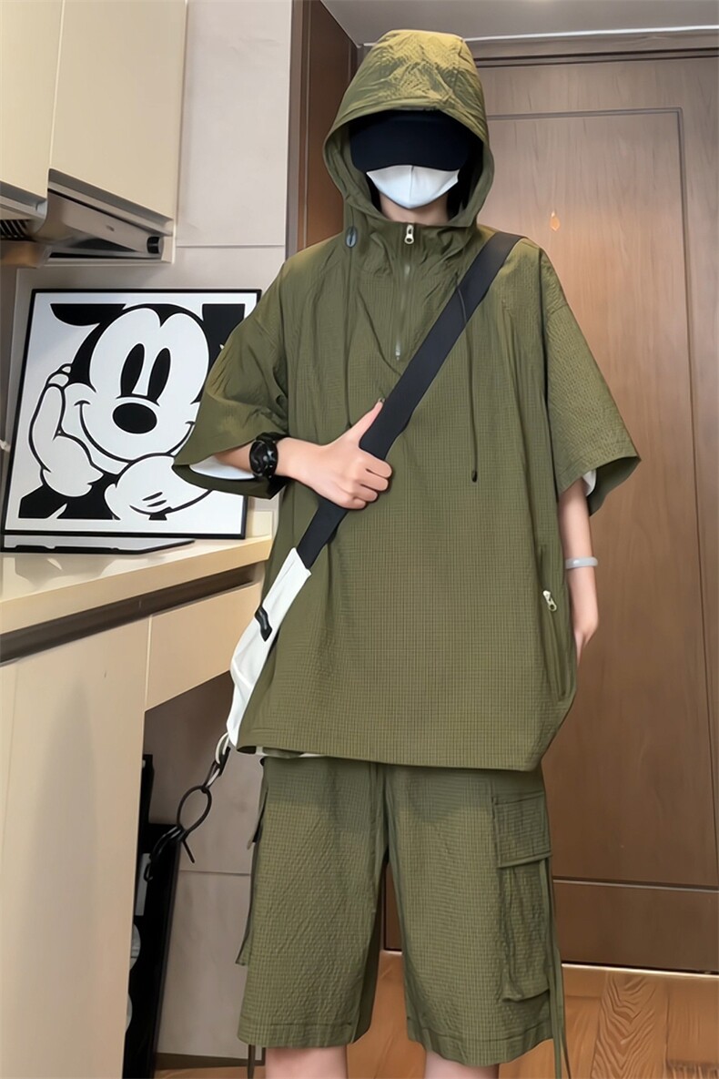 量大优供视频泡泡纱夏款连帽套装短袖短裤男CP74TZ-特p60,男装休闲套装,电商B371