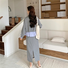 【新款】灰色假两件上衣+半身裙风套装W675P190K308，女装套装/套裙，2C209