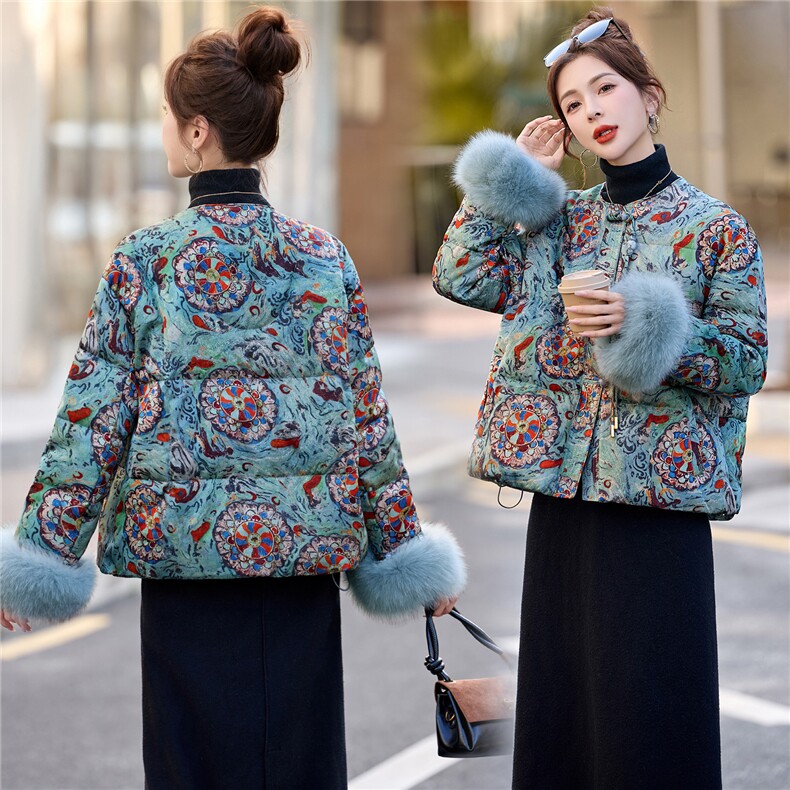 新中式提花真狐狸毛短款羽绒服女2025年冬季时尚洋气外套90白鸭绒,女装羽绒服,润尚靓点