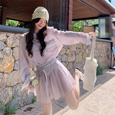 粉紫色衬衫百褶裙套装女夏2025新款小个子两件套韩系慵懒chic绝美，女装套装/套裙，2C258