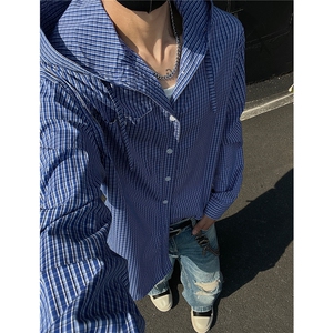26春季慵懒连帽休闲宽松弯刀袖薄防晒衣格纹连帽衬衫男 H1072 P68图片