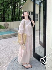 法式小资泡泡袖粉色连衣裙配上衣套装女夏超火好看绝美长裙两件套，女装套装/套裙，浙宝A馆126