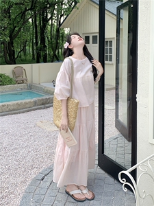 法式小资泡泡袖粉色连衣裙配上衣套装女夏超火好看绝美长裙两件套图片