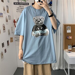 2021港风圆领青春休闲大码运动日系原宿潮流男士短袖宽松718F25图片