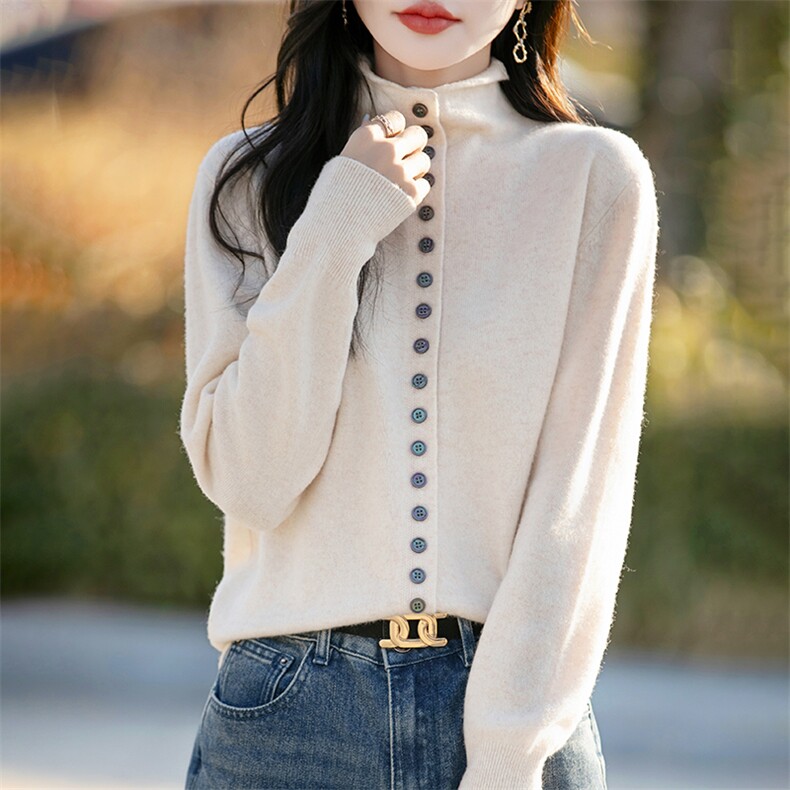半高领100%纯羊毛开衫女春秋排扣长袖针织毛衣宽松羊绒衫外套上衣，女装羊毛衫，蒙特羊绒