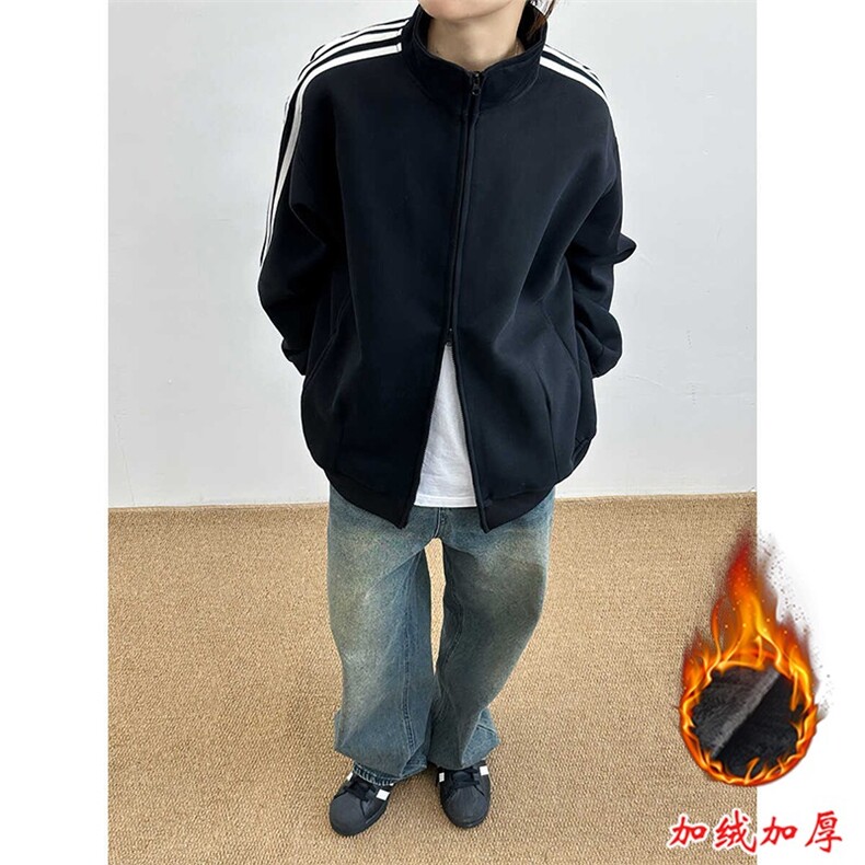 美式复古加绒加厚条纹卫衣男款立领外套潮牌高级感痞帅开衫夹克图片