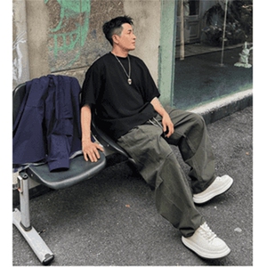 抖音得物 纯色简约 休闲裤男日系复古宽松束脚口袋装饰工装裤AK10图片