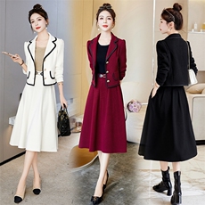 春秋季时尚气质黑白枣红优雅小香风收腰上衣+裙子职业套装,女装春秋季时尚气质黑白枣红优雅小香风收腰上衣+裙子职业套装,女装套装/套裙,罗得堡,罗得堡