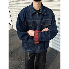 美式复古格纹拼接牛仔外套男女休闲宽松百搭工装夹克潮JK1166-P78，男装工装外套，星座1103-3