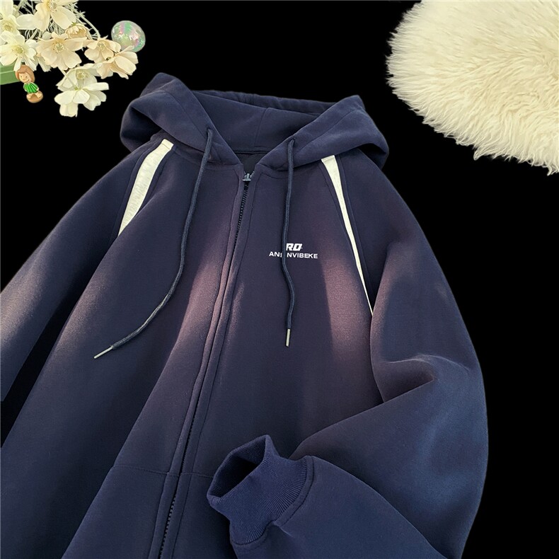 加绒加厚500克重磅撞色开衫连帽宽松卫衣男外套RH8107-P68加绒78，女装短外套，星座610B-1