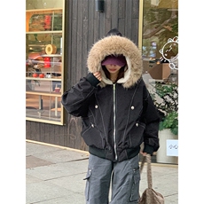 现货重磅boxy短款棉衣座山雕大毛毛领男女棉服水洗工装厚外套，男装棉衣，电商A486