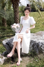 现货通勤法式夏装气质黑白花色高端别致连衣裙女夏收腰显瘦裙子，女装连衣裙，韩宇舍