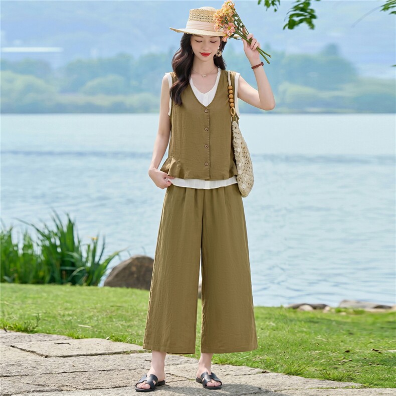2026夏装新款简约时尚休闲假两件撞色拼接套装,女装套装/套裙,美沁
