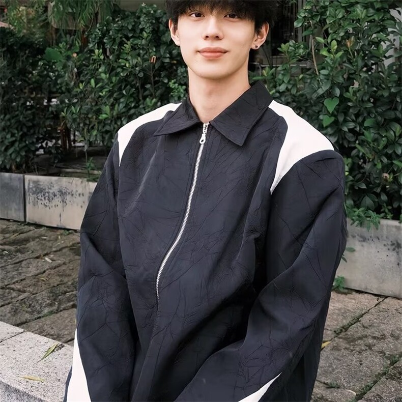 高级感撞色拼接褶皱夹克港风chic轻奢休闲飞行外套男生JKS06,男装夹克,星座516A
