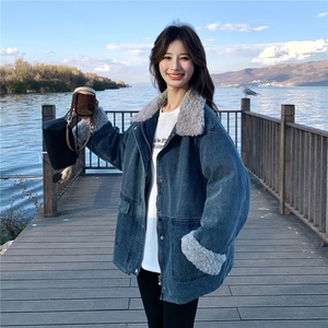 美式蓝色羊羔毛领牛仔外套女2025冬季新款高级感休闲宽松夹克上衣图片