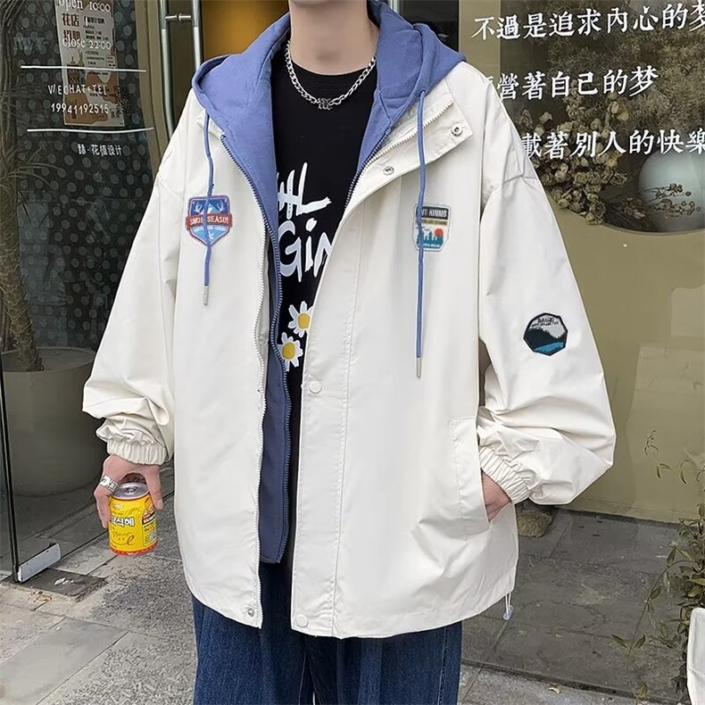 假两件外套男冲锋衣春秋季情侣款潮牌港风连帽秋冬夹克W4495-P55图片