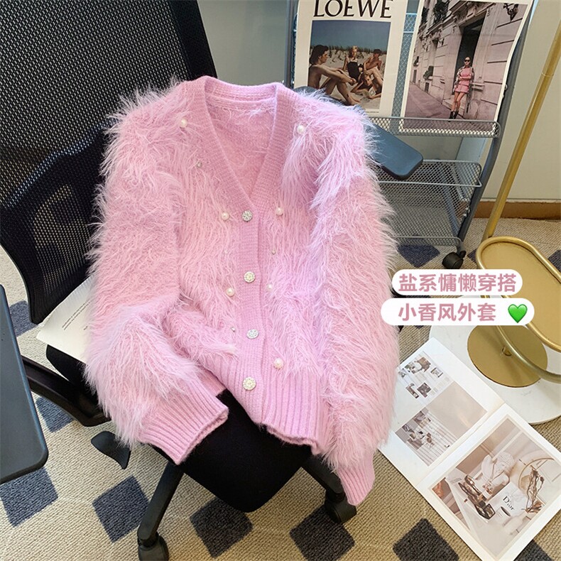 水貂绒重工钉珠v领针织开衫宽松软糯短外套毛毛上衣MY013-85,女装短外套,星座911-3