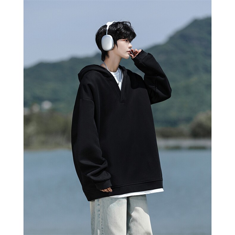8XL-M叠穿假两件卫衣重磅连帽V领拼接套头衫宽松大码外套WY006P65图片