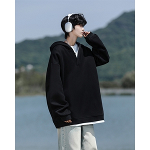 8XL-M叠穿假两件卫衣重磅连帽V领拼接套头衫宽松大码外套WY006P65图片