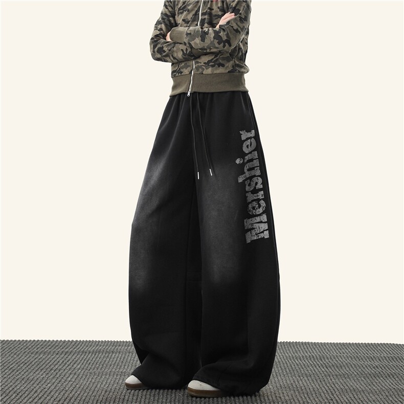 美式复古喷漆字母弯刀卫裤女男秋季水洗渐变休闲裤宽松显瘦运动裤图片