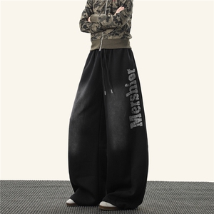 美式复古喷漆字母弯刀卫裤女男秋季水洗渐变休闲裤宽松显瘦运动裤图片