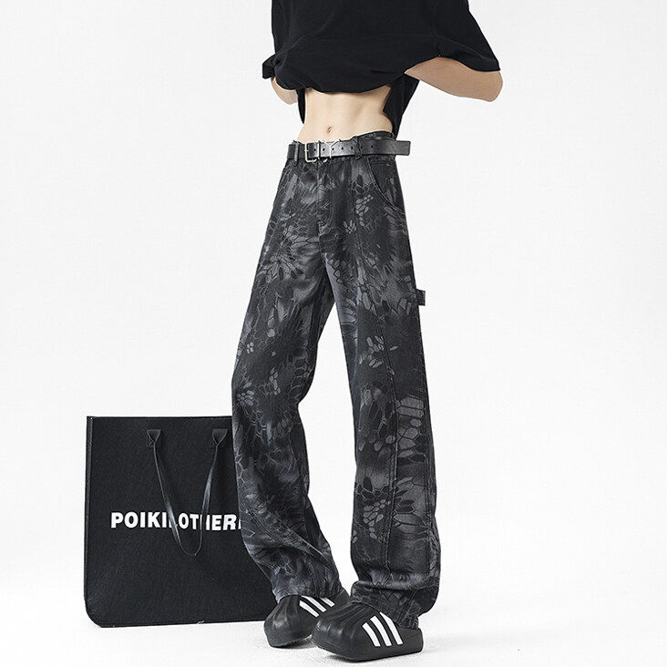 2025新款迷彩蛇纹伐木工装裤美式高街牛仔裤NK389P45控69，男装牛仔裤，星座712