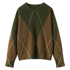 2025年秋季新款虚线菱形格针织圆领上衣时尚休闲通勤百搭，女装羊绒衫，多娇羊绒