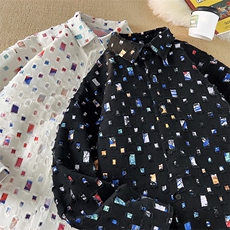 特P50无差价破洞流苏棋盘格长袖衬衫春夏男大码痞帅衬衣外套C848，男装衬衫，电商A001-1