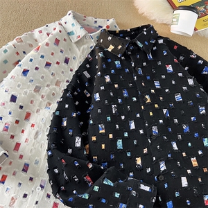 特P50无差价破洞流苏棋盘格长袖衬衫春夏男大码痞帅衬衣外套C848图片